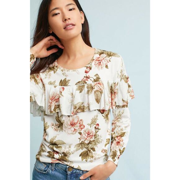 New Anthropologie Floral Ruffled Pullover by Harlyn $118 Size Small Long Sleeve - Picture 1 of 5